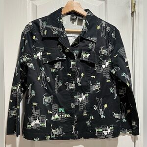 Dina K button front top, black with city scenes- size 8